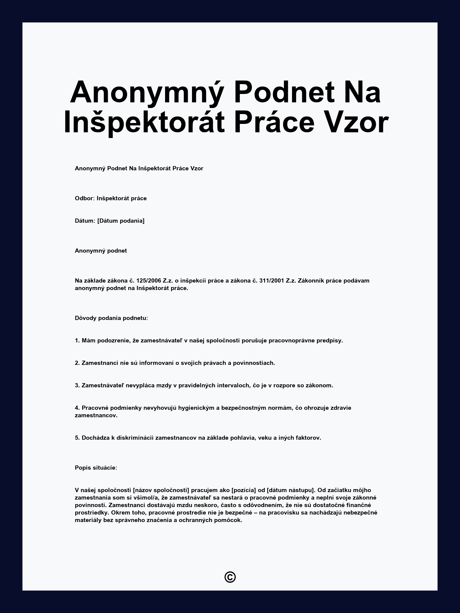 Anonymný Podnet Na Inšpektorát Práce Vzor
