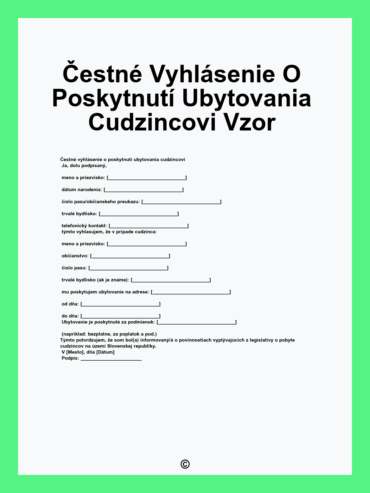 Čestné Vyhlásenie O Poskytnutí Ubytovania Cudzincovi Vzor