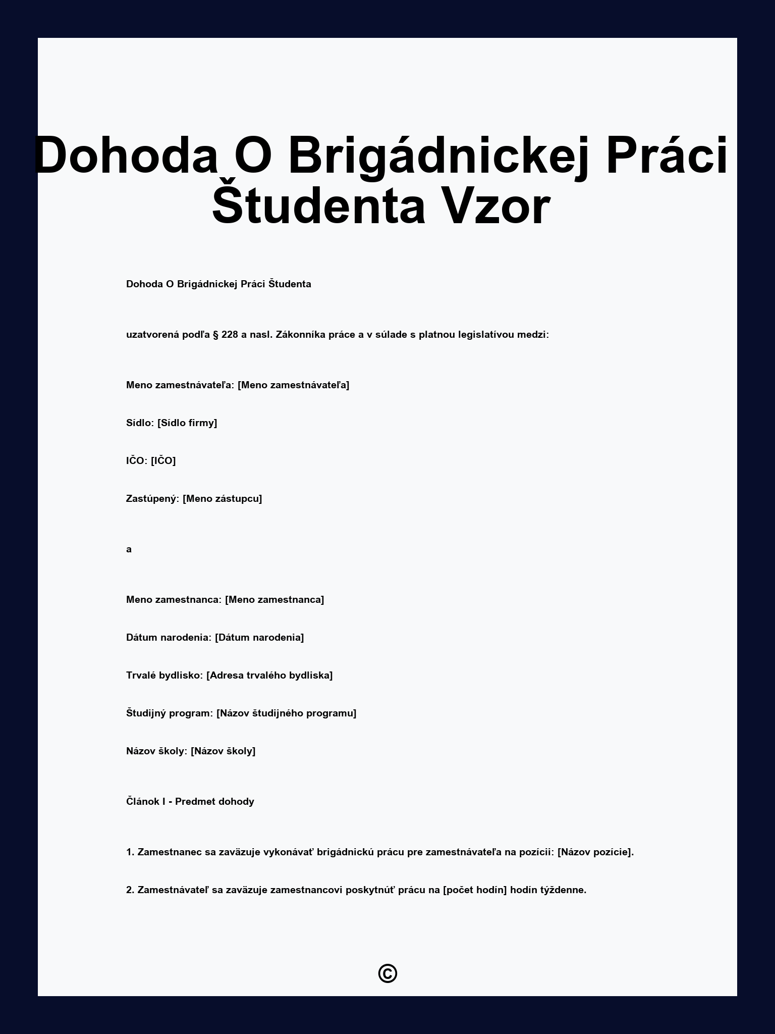 Dohoda O Brigádnickej Práci Študenta Vzor