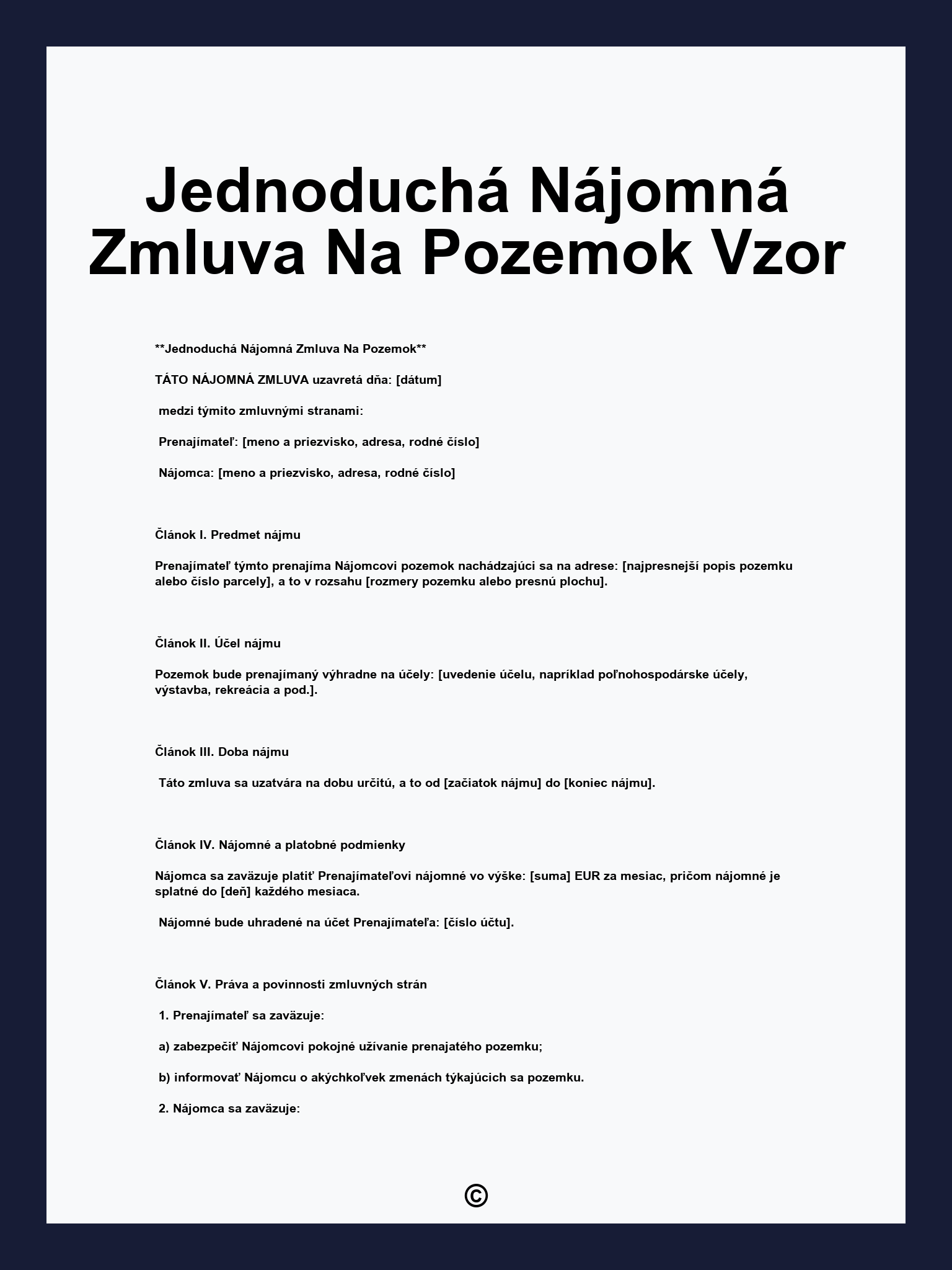 Jednoduchá Nájomná Zmluva Na Pozemok Vzor
