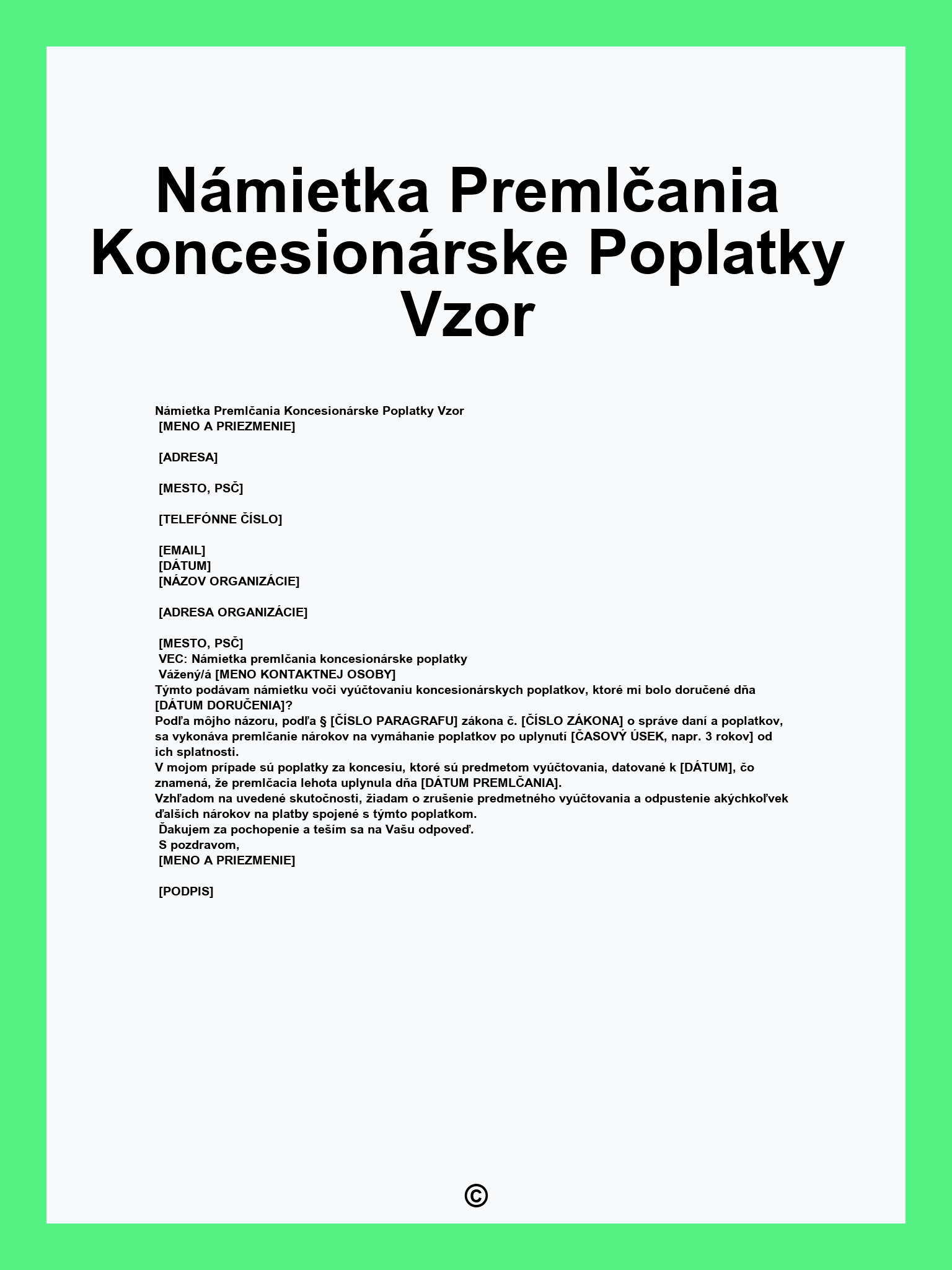Námietka Premlčania Koncesionárske Poplatky Vzor