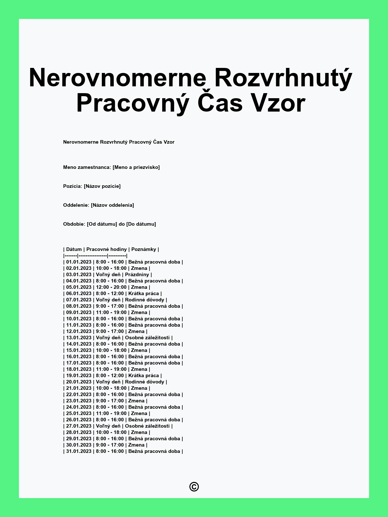 Nerovnomerne Rozvrhnutý Pracovný Čas Vzor