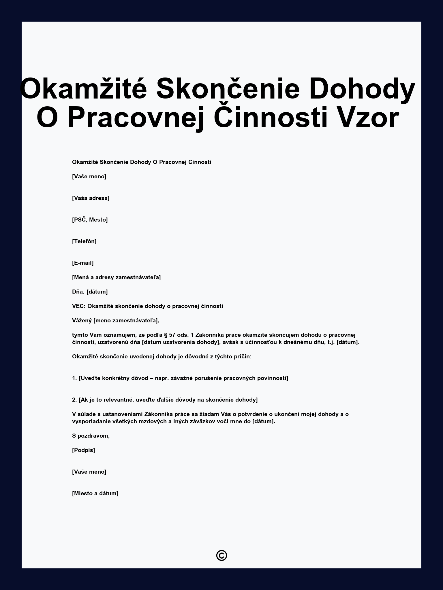 Okamžité Skončenie Dohody O Pracovnej Činnosti Vzor