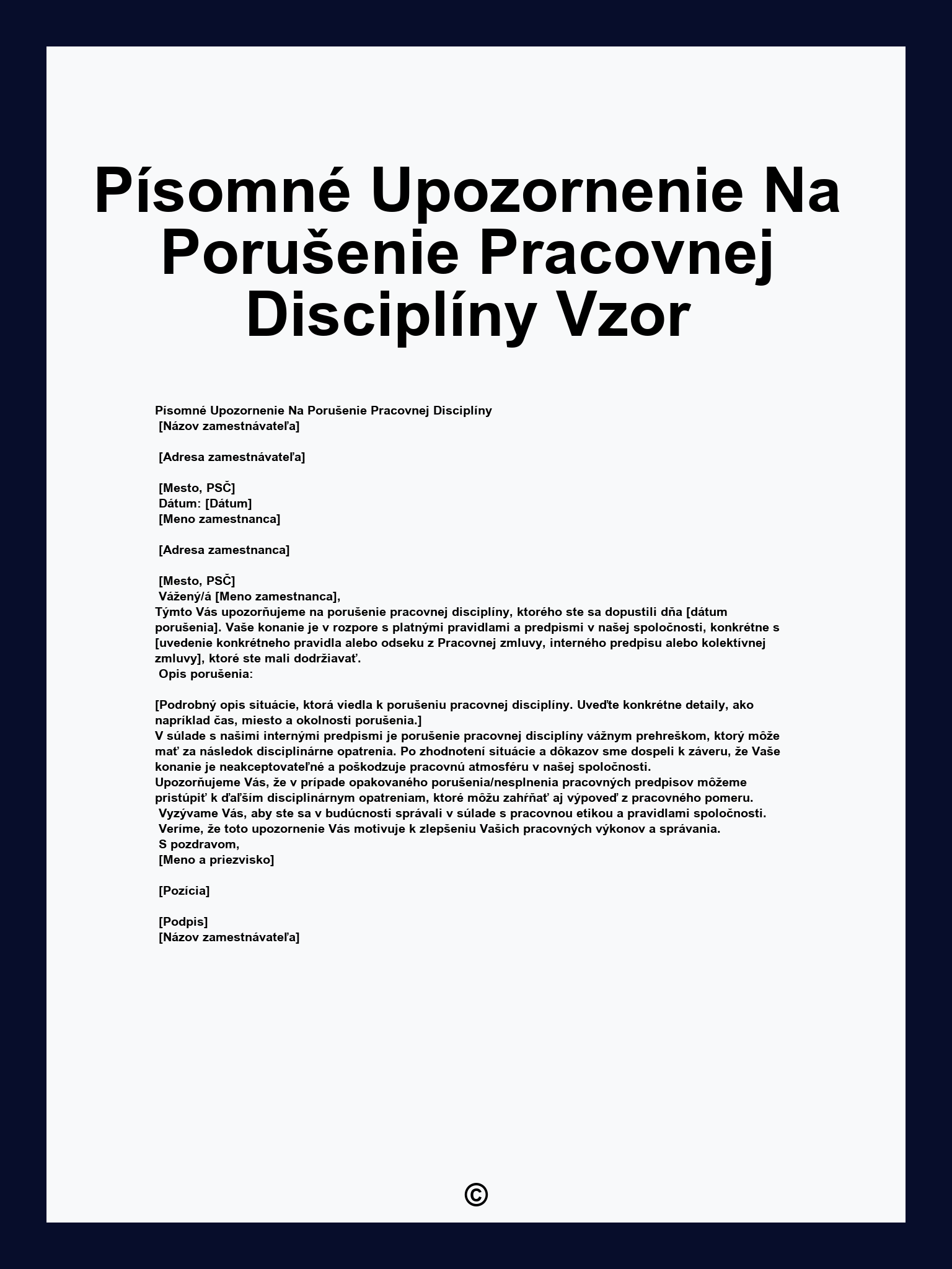 Písomné Upozornenie Na Porušenie Pracovnej Disciplíny Vzor