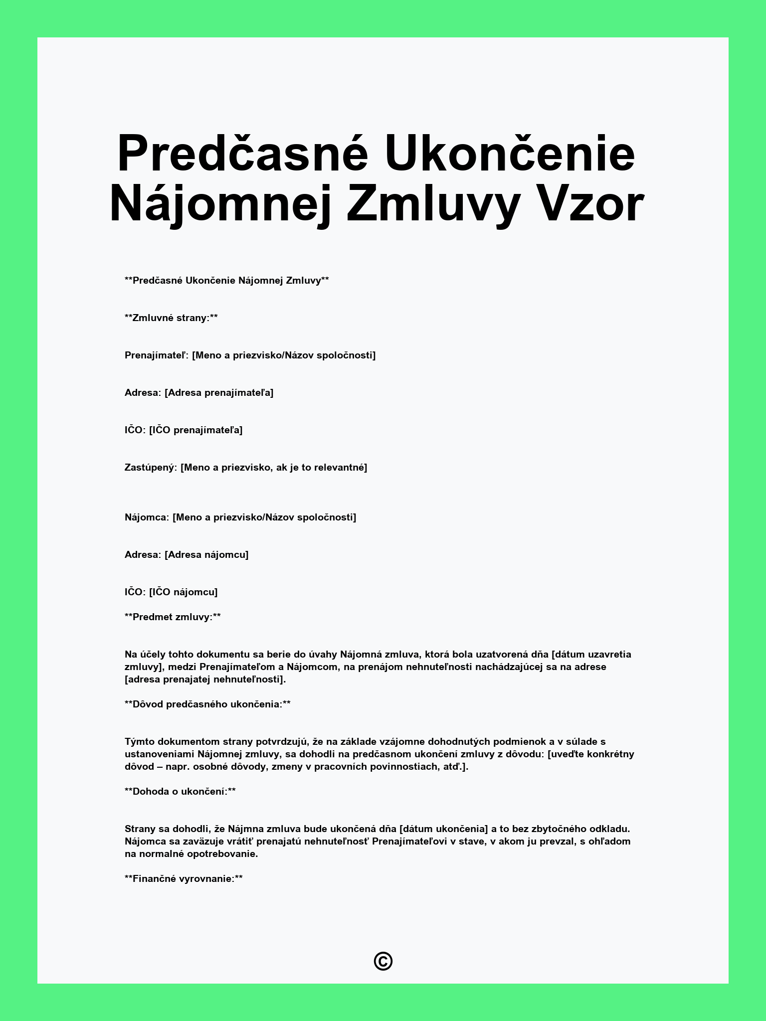 Predčasné Ukončenie Nájomnej Zmluvy Vzor