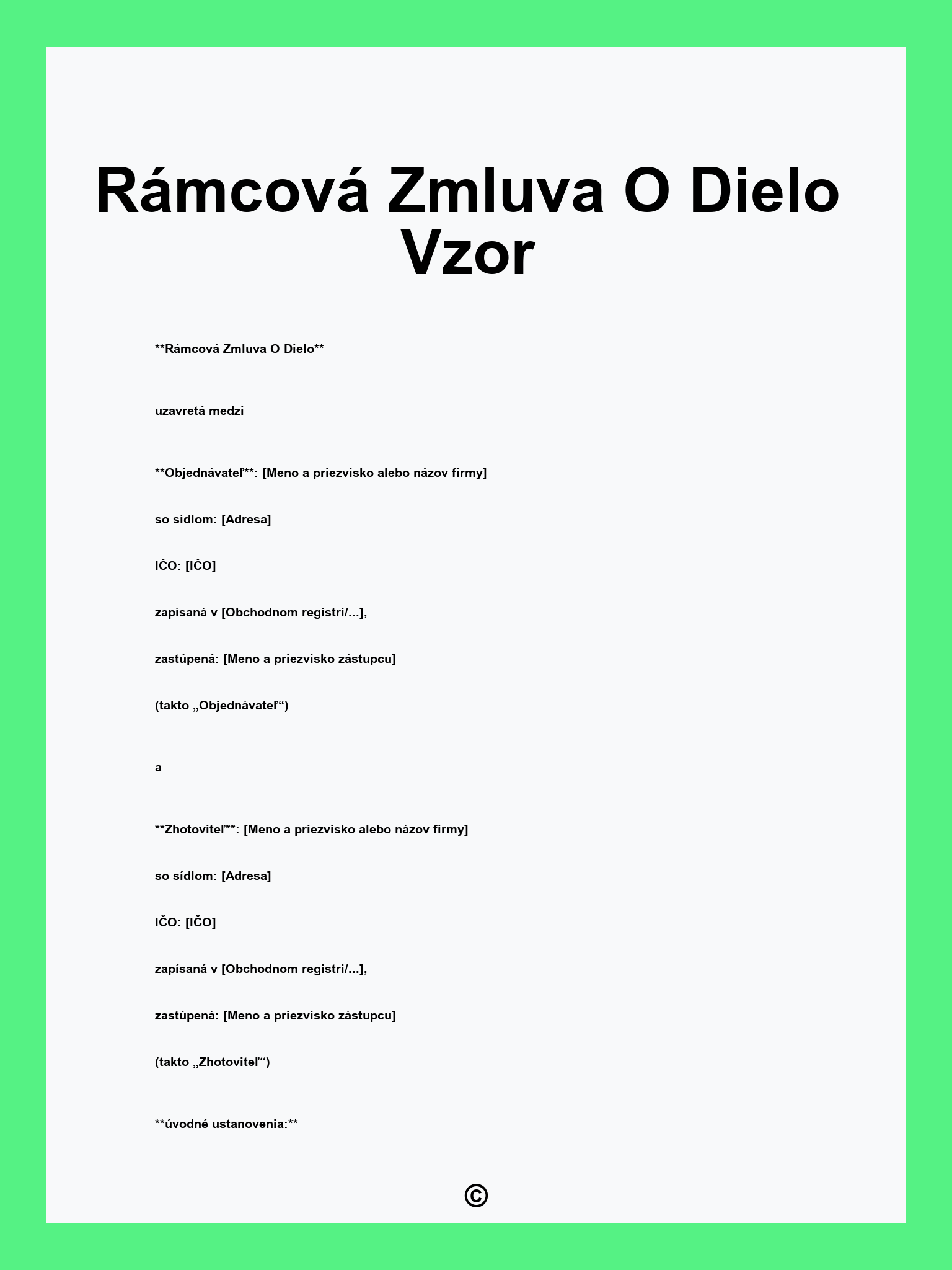 Rámcová Zmluva O Dielo Vzor