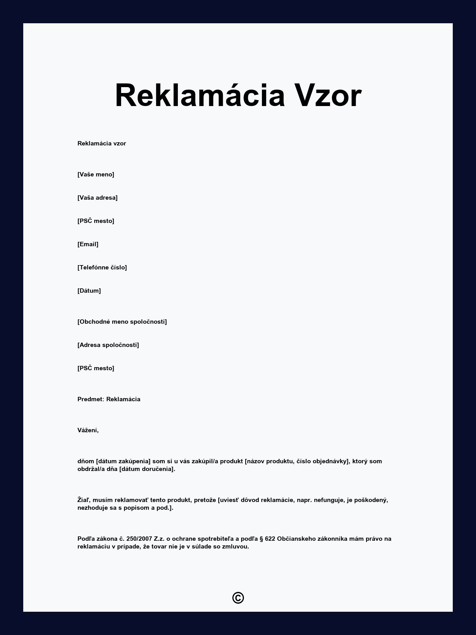 Reklamácia Vzor