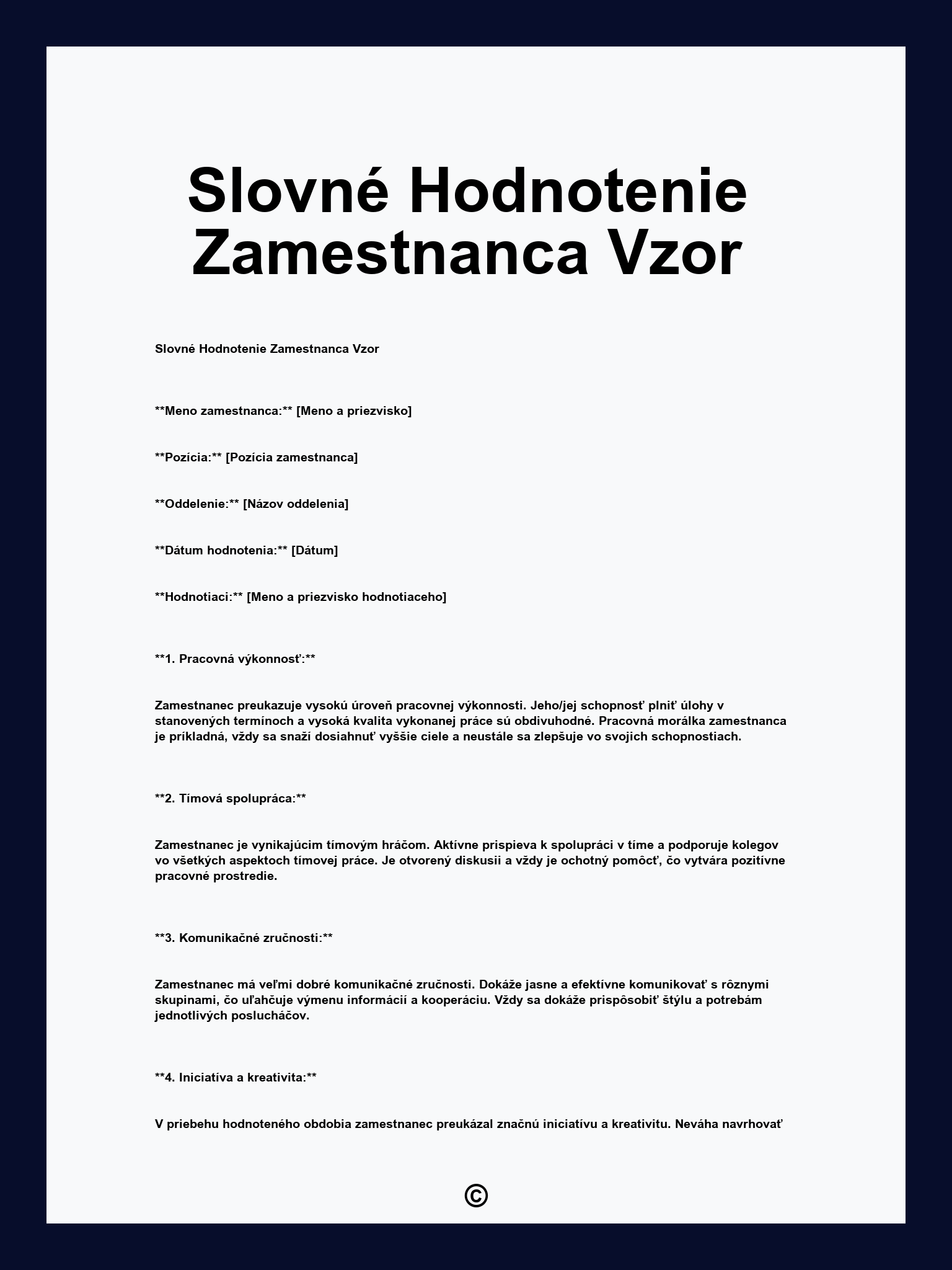 Slovné Hodnotenie Zamestnanca Vzor