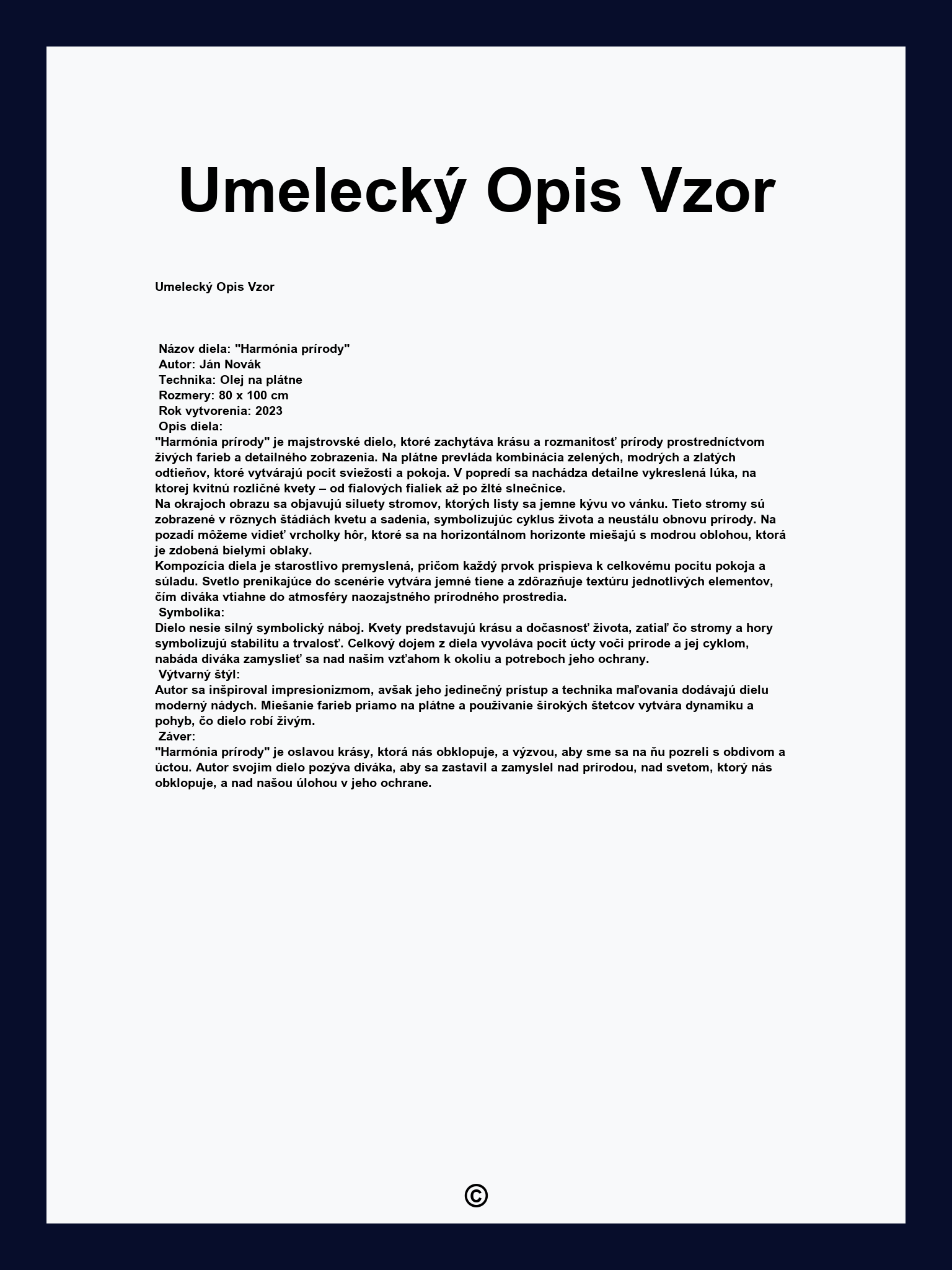Umelecký Opis Vzor