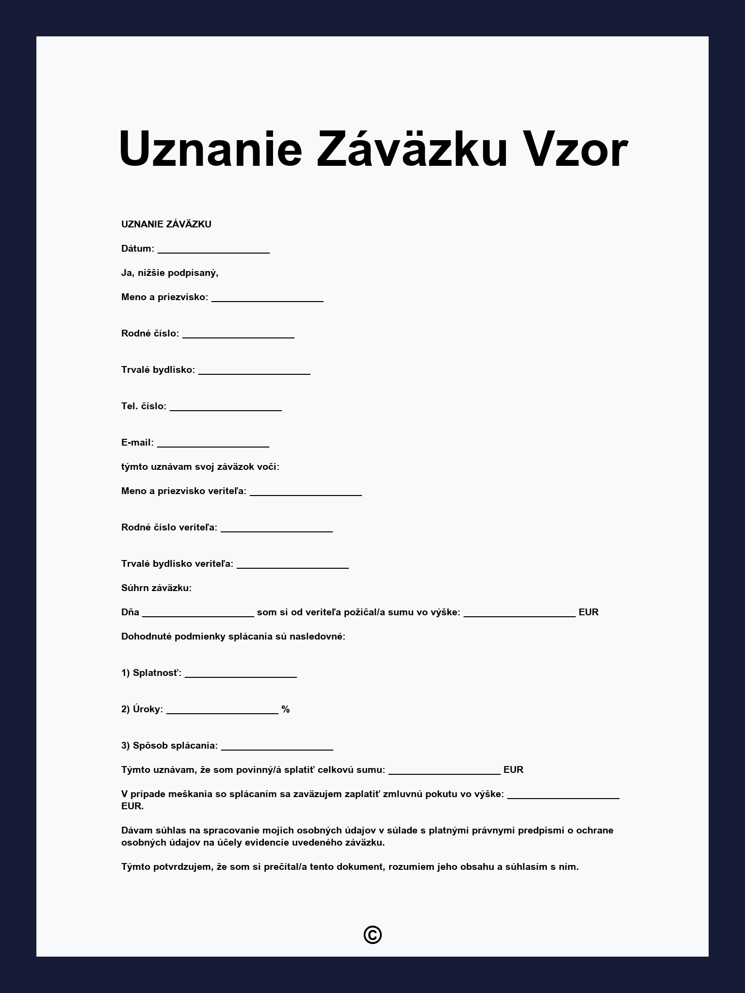 Uznanie Záväzku Vzor