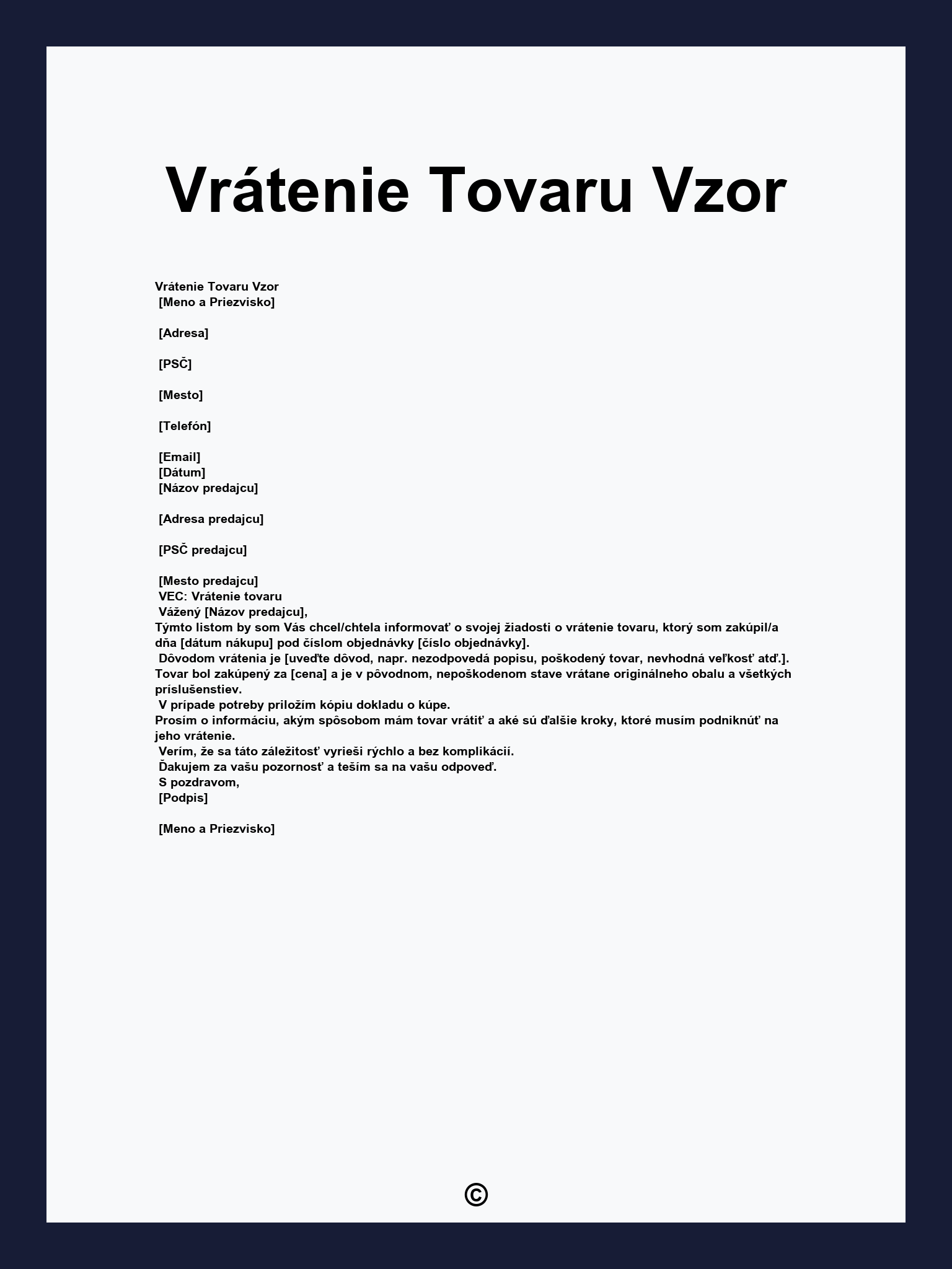 Vrátenie Tovaru Vzor