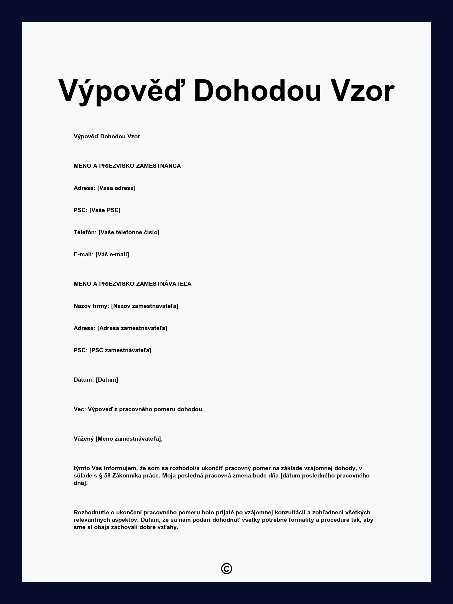 Výpověď Dohodou Vzor