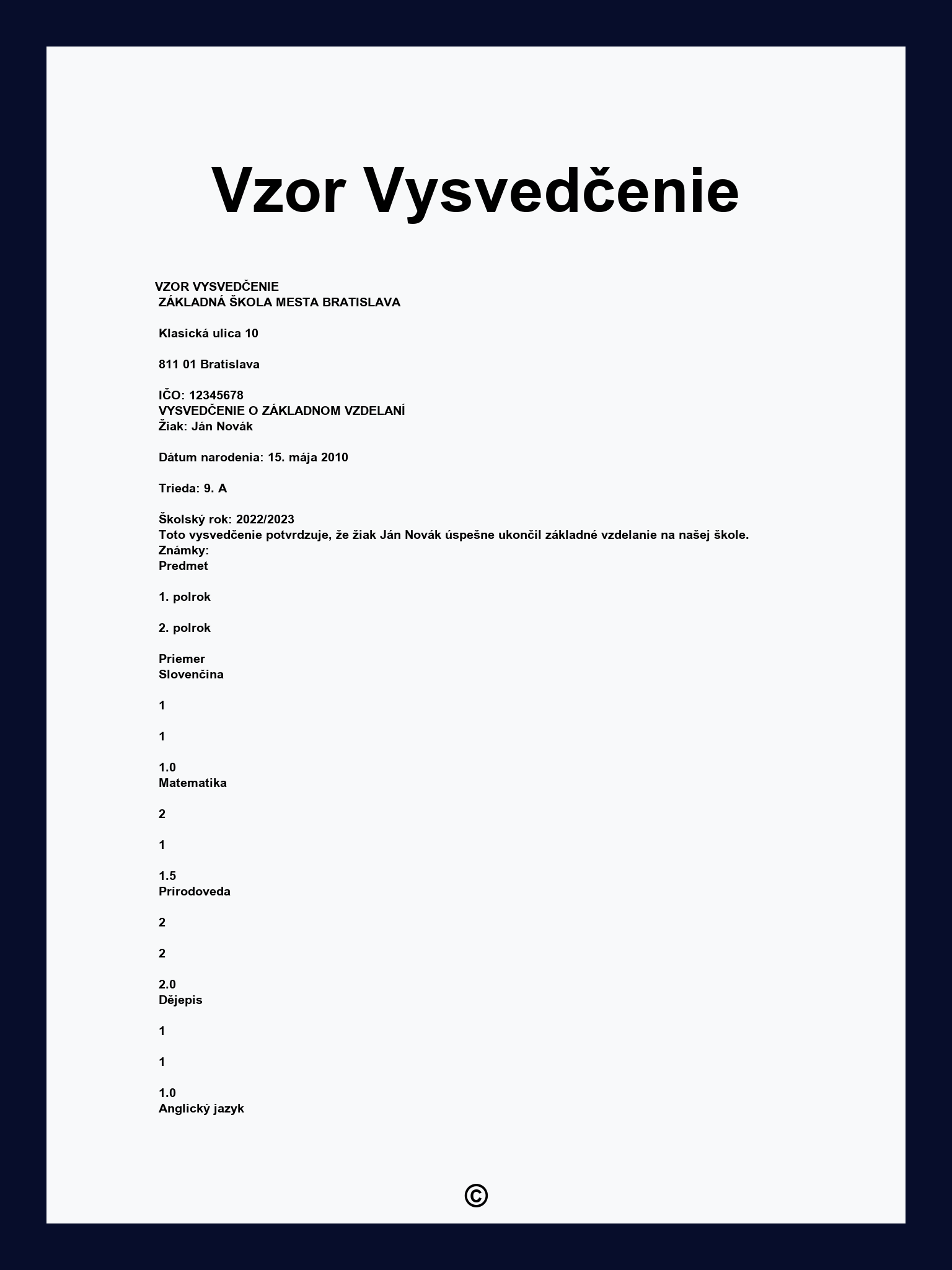 Vzor Vysvedčenie