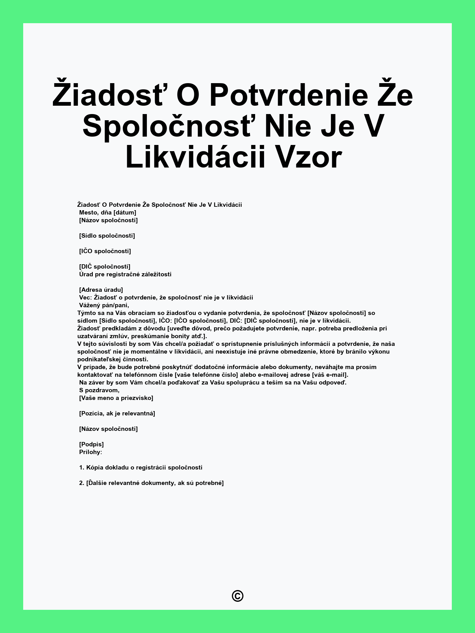 Žiadosť O Potvrdenie Že Spoločnosť Nie Je V Likvidácii Vzor