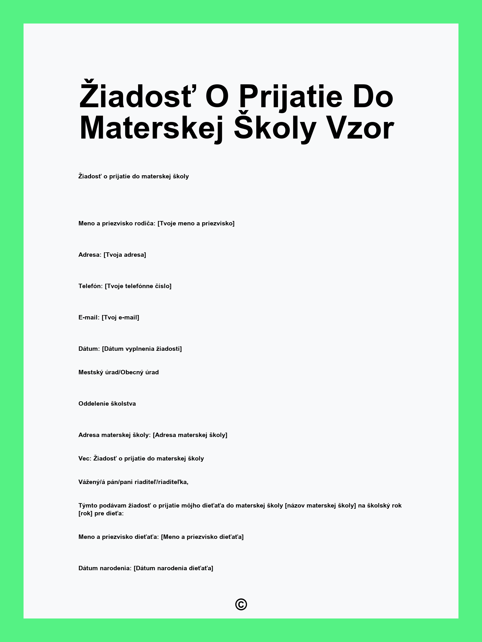 Žiadosť O Prijatie Do Materskej Školy Vzor