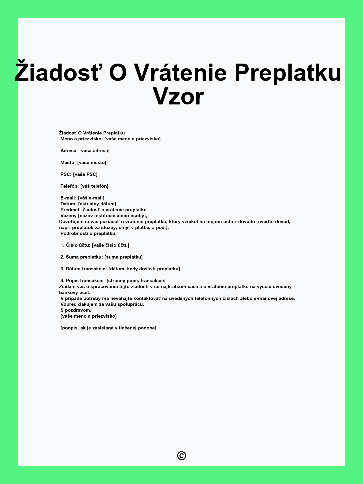 Žiadosť O Vrátenie Preplatku Vzor