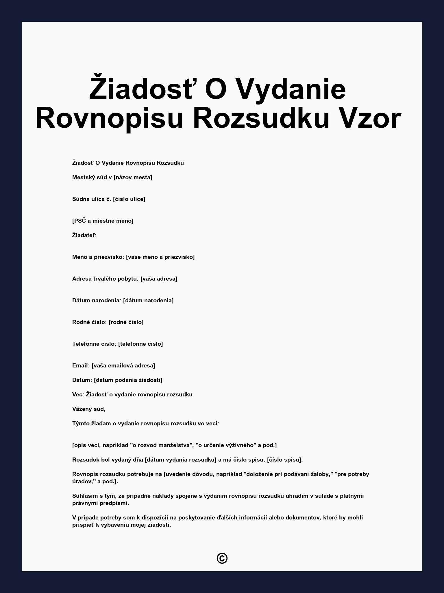 Žiadosť O Vydanie Rovnopisu Rozsudku Vzor