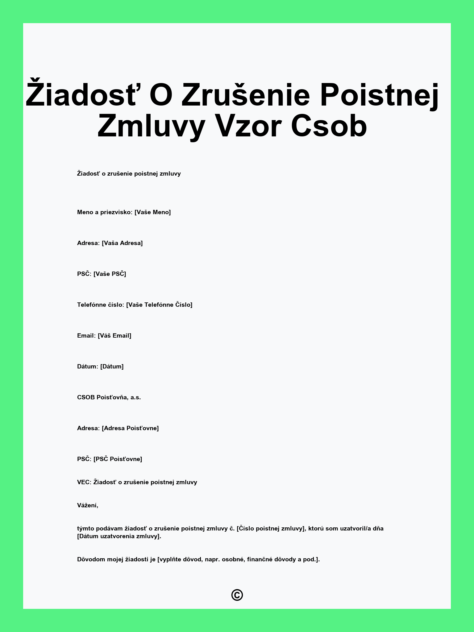 Žiadosť O Zrušenie Poistnej Zmluvy Vzor Csob